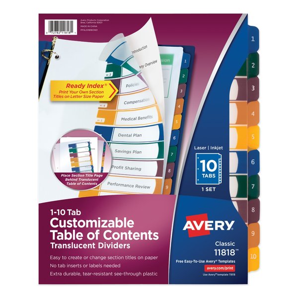 Avery Dennison Table of Contents Index Dividers 10 Tab, PK10 11818